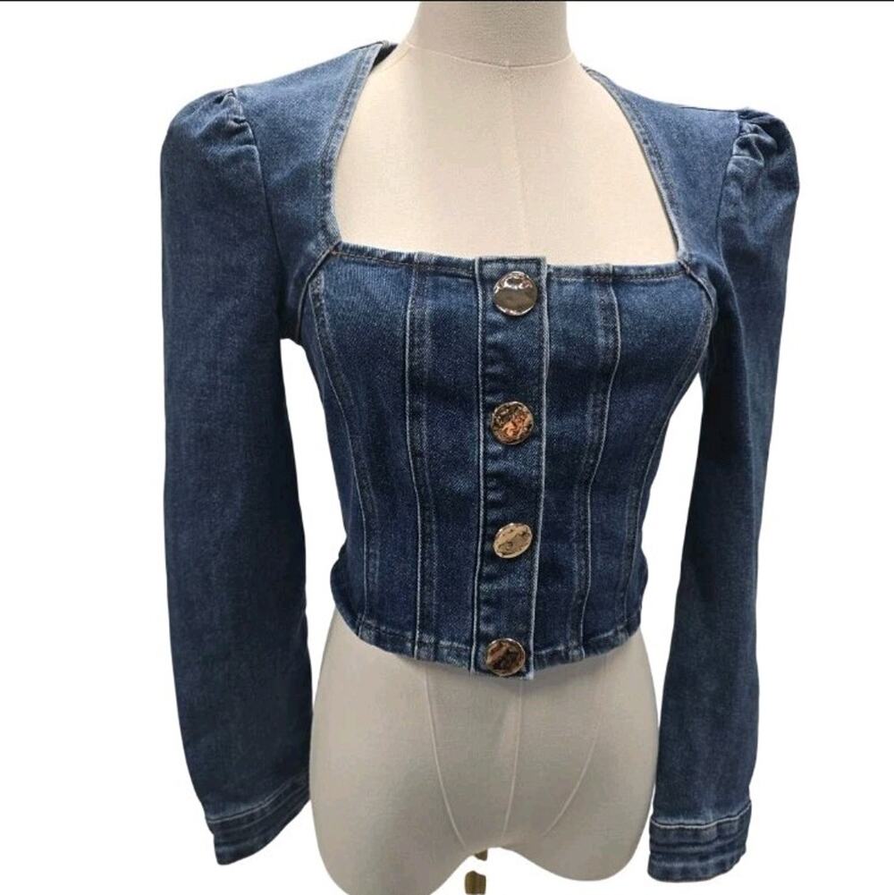 Avec Les Filles Corset Puff Sleeve Denim Crop Jacket Top S Coquette Milkmaid